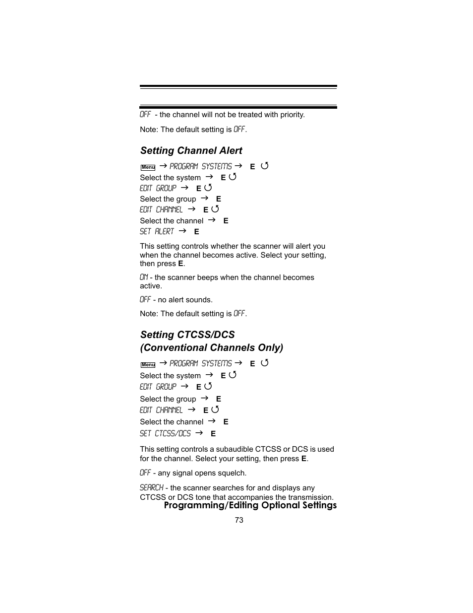 Setting channel alert, Setting ctcss/dcs (conventional channels only) | Uniden BC246T User Manual | Page 73 / 140