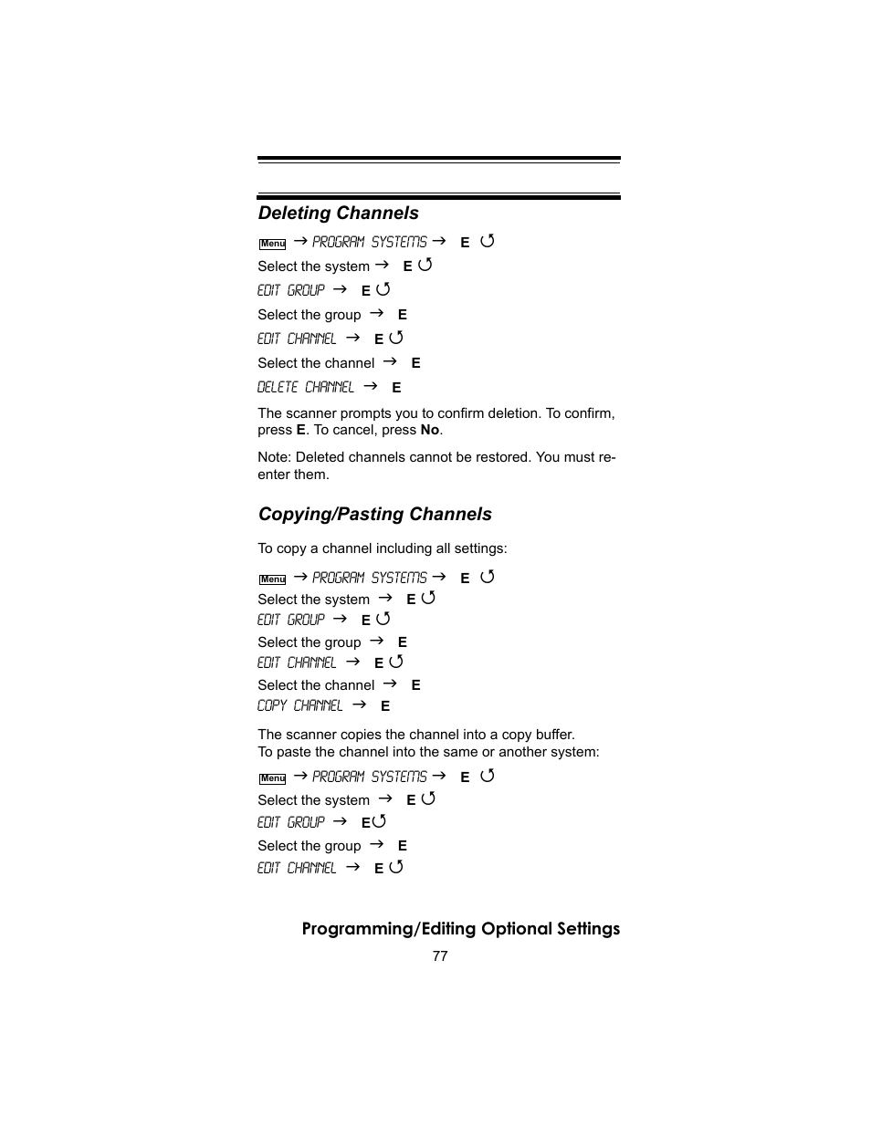 Programming/editing optional settings, Deleting channels, Copying/pasting channels | Uniden BC246T User Manual | Page 77 / 140
