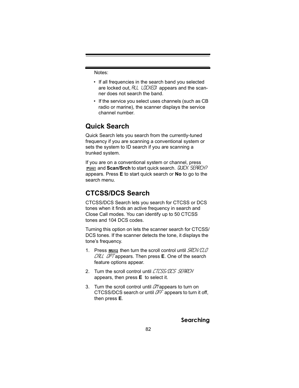 Quick search, Ctcss/dcs search | Uniden BC246T User Manual | Page 82 / 140