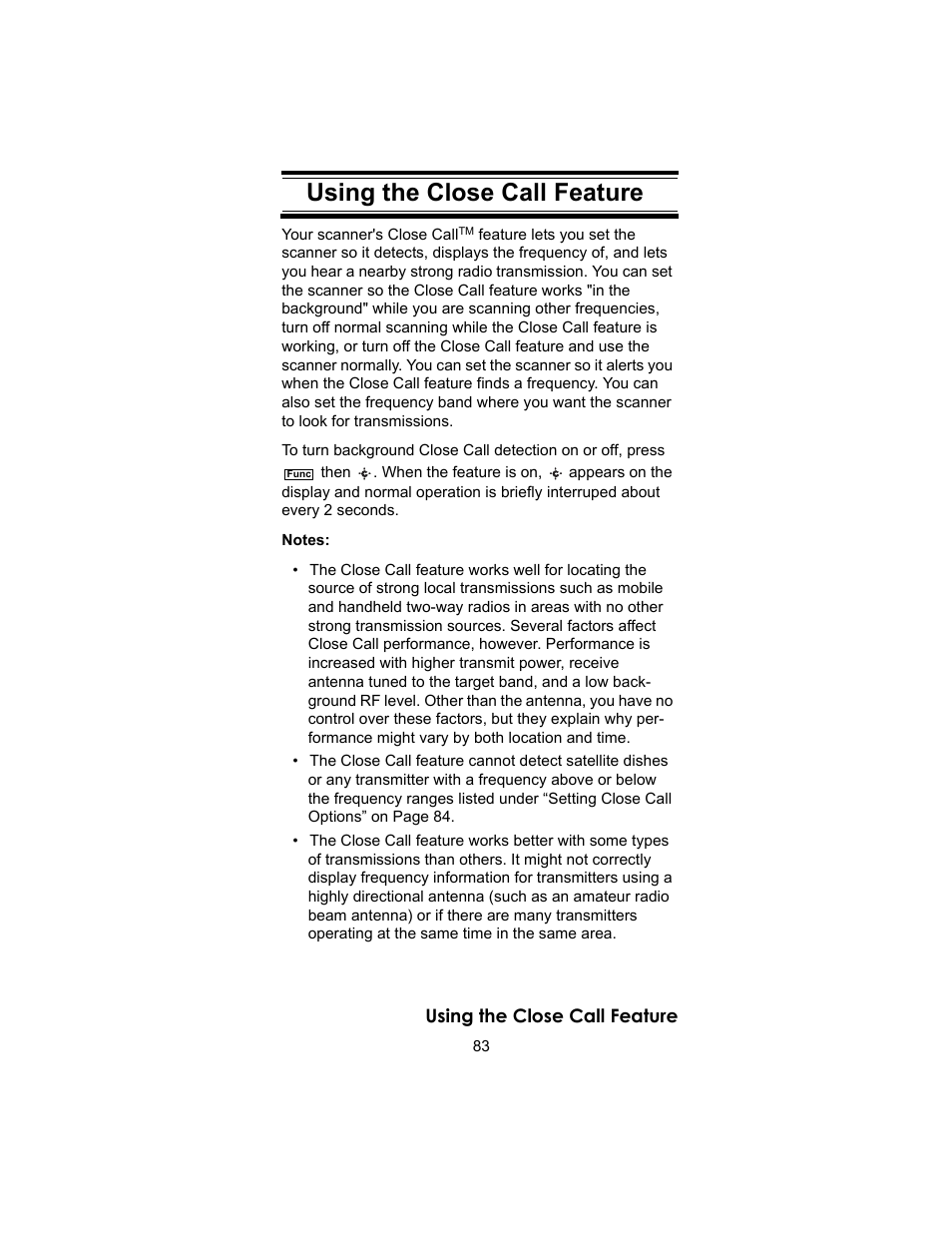 Using the close call feature | Uniden BC246T User Manual | Page 83 / 140