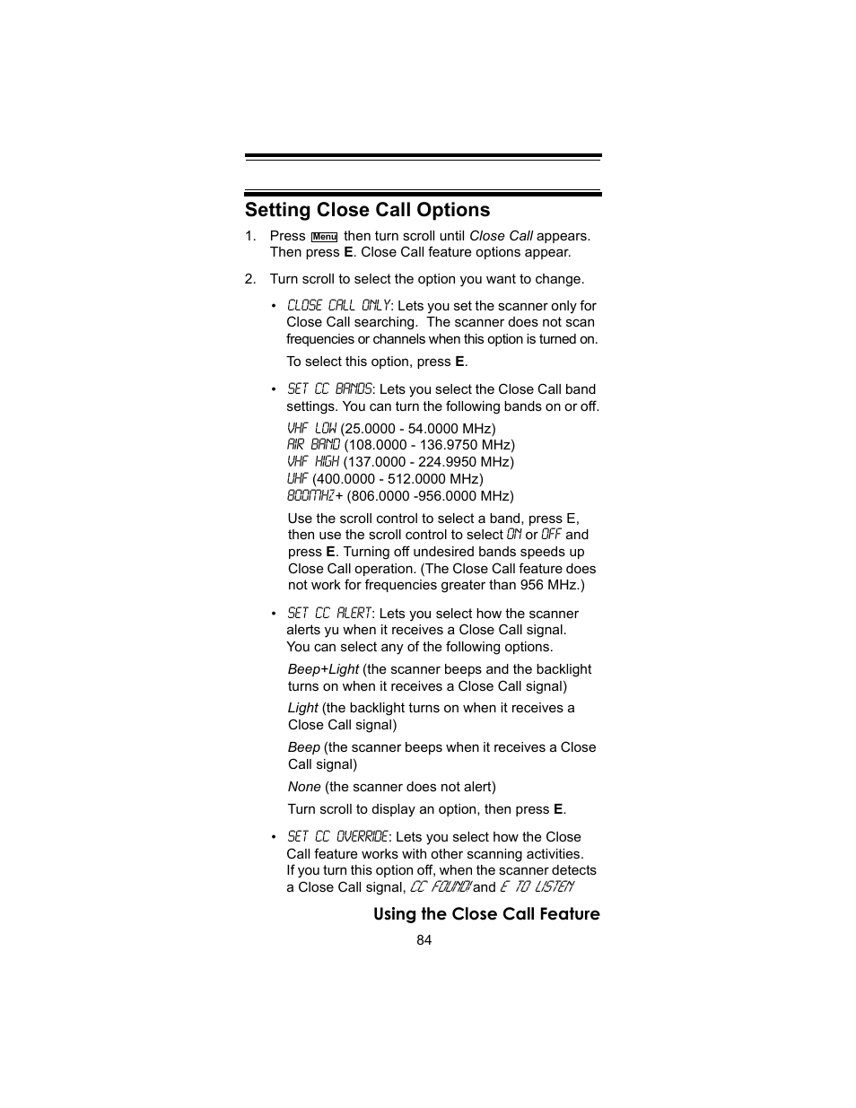 Setting close call options | Uniden BC246T User Manual | Page 84 / 140