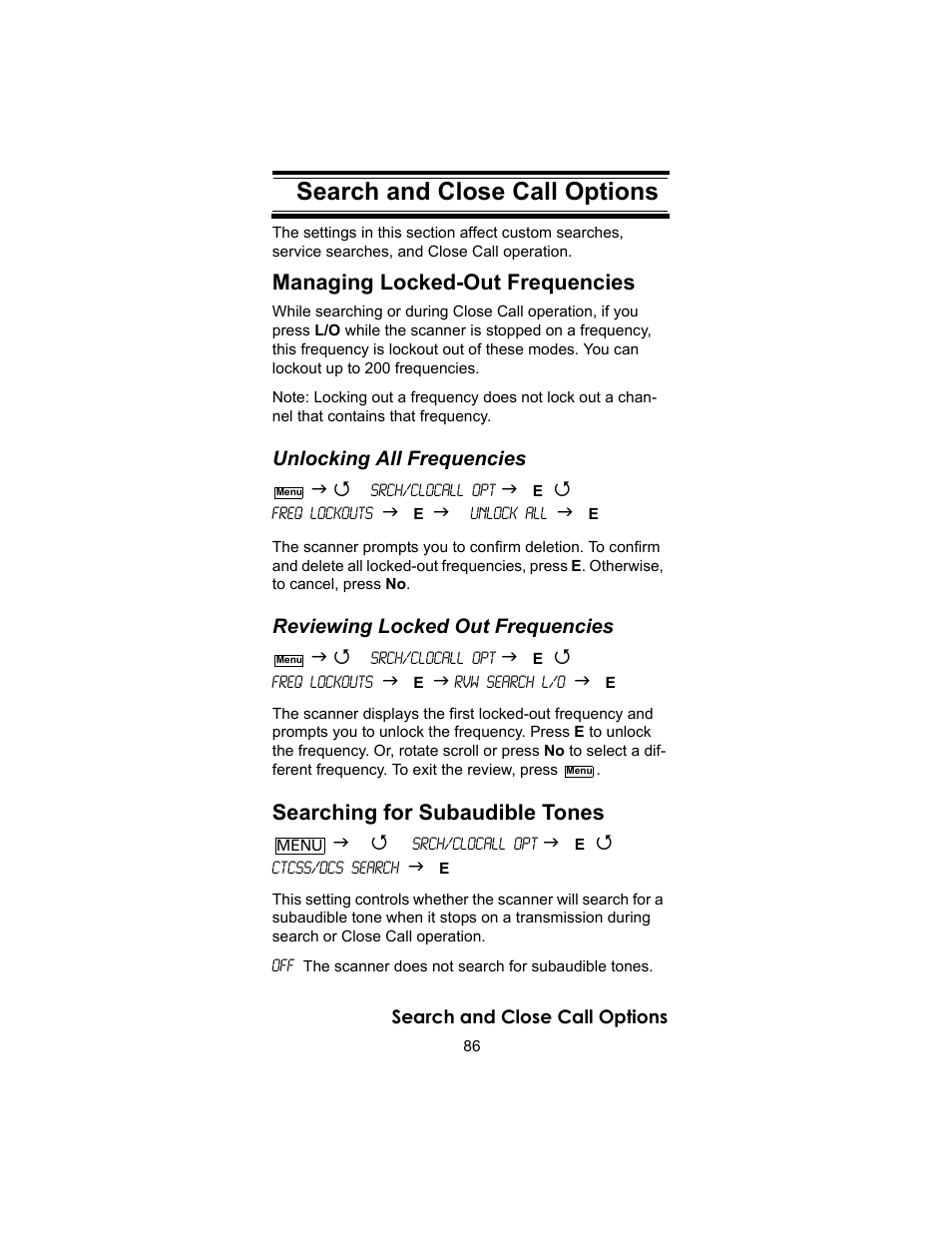 Search and close call options, Managing locked-out frequencies, Searching for subaudible tones | Uniden BC246T User Manual | Page 86 / 140