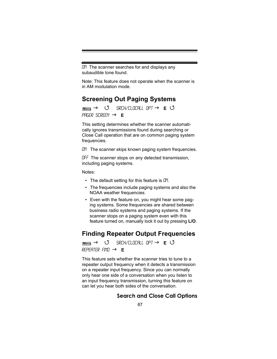 Screening out paging systems, Finding repeater output frequencies | Uniden BC246T User Manual | Page 87 / 140
