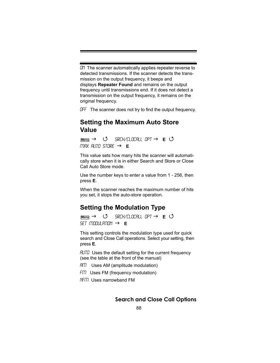 Setting the maximum auto store value, Setting the modulation type | Uniden BC246T User Manual | Page 88 / 140