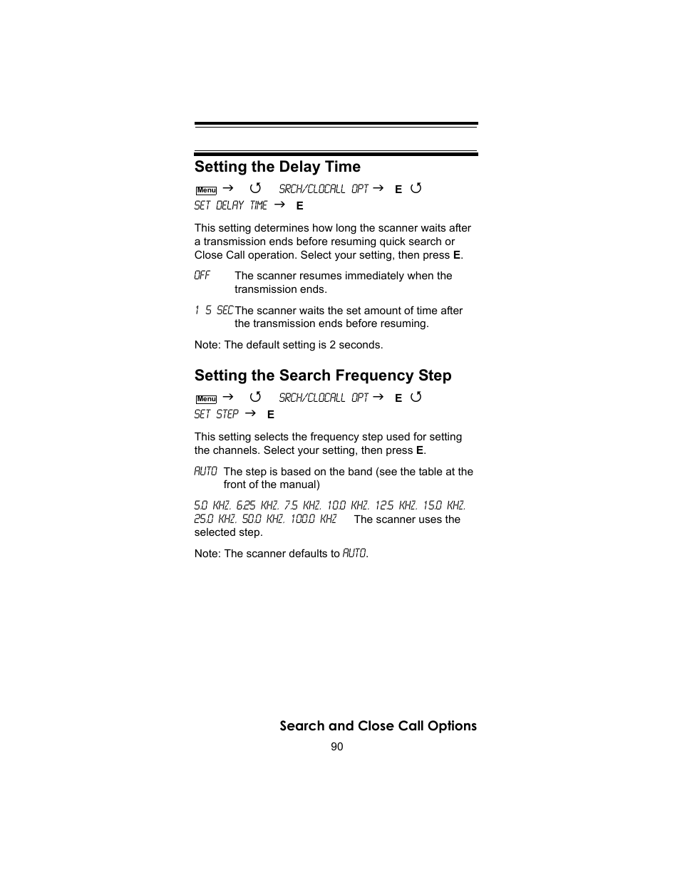 Setting the delay time, Setting the search frequency step | Uniden BC246T User Manual | Page 90 / 140