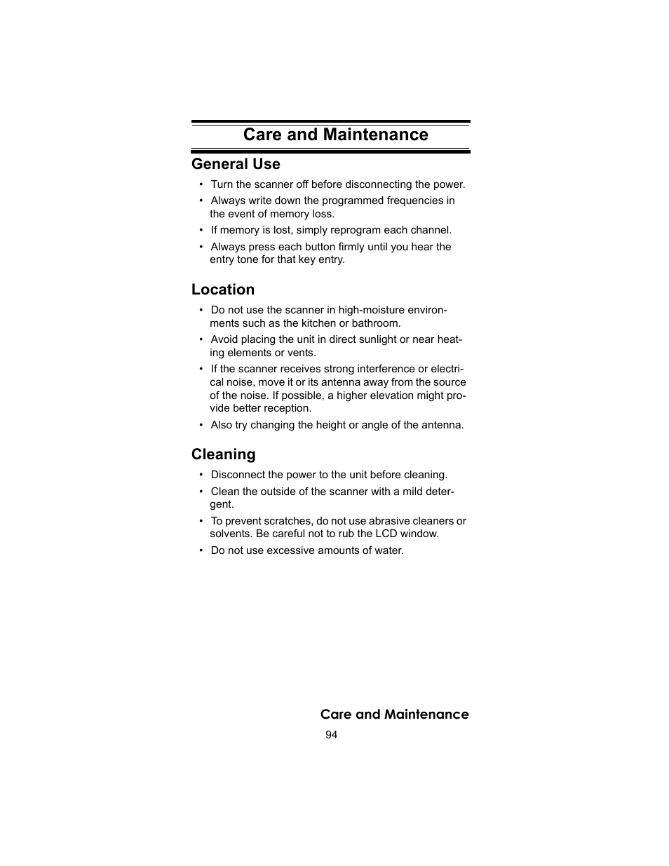 Care and maintenance, General use, Location | Cleaning | Uniden BC246T User Manual | Page 94 / 140