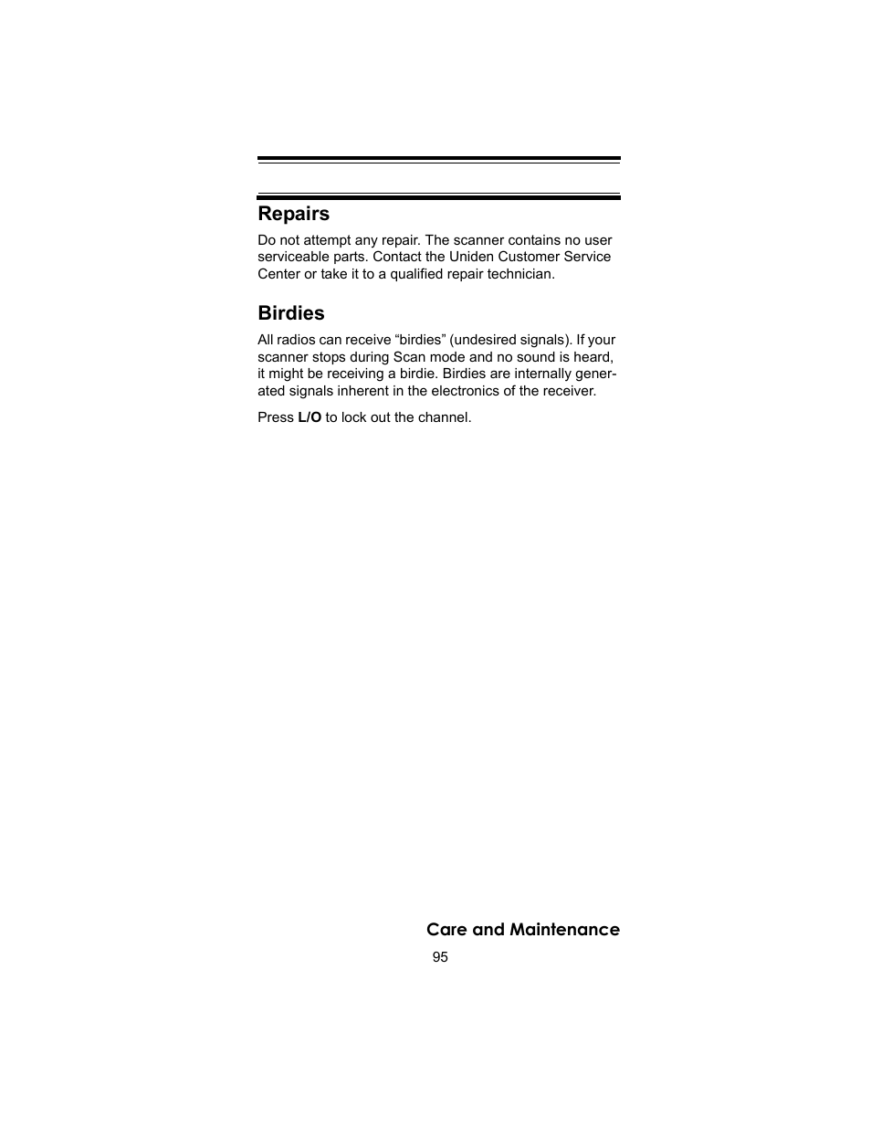 Repairs, Birdies | Uniden BC246T User Manual | Page 95 / 140