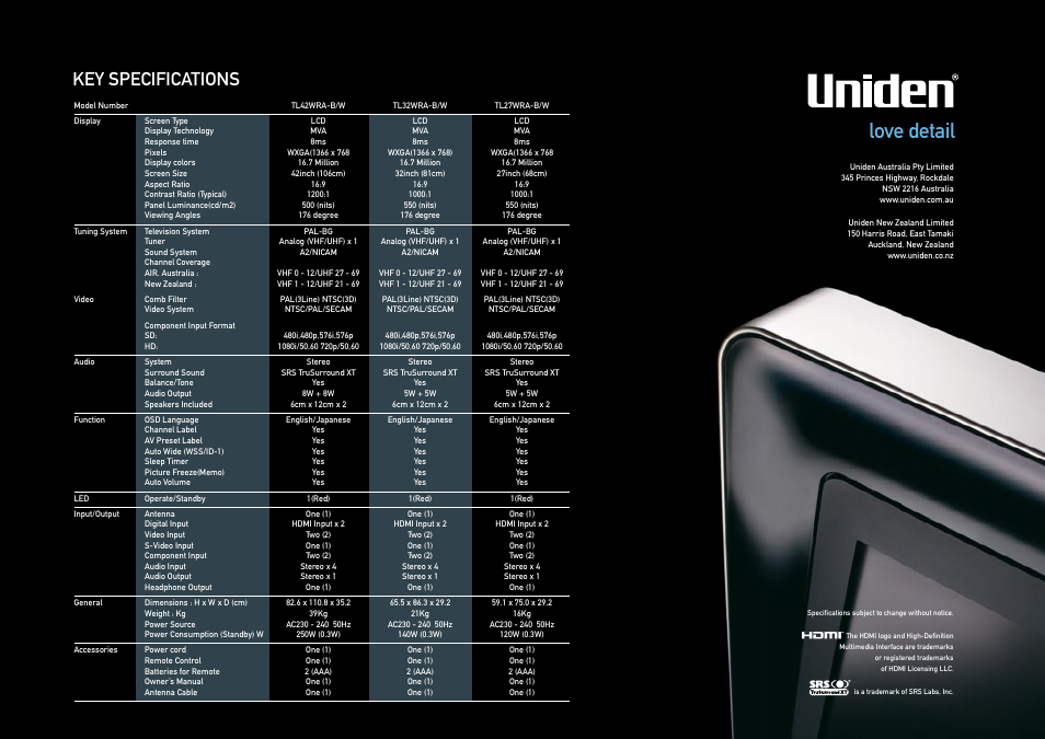 Love detail, Key specifications | Uniden TL27WRA-W User Manual | Page 12 / 12