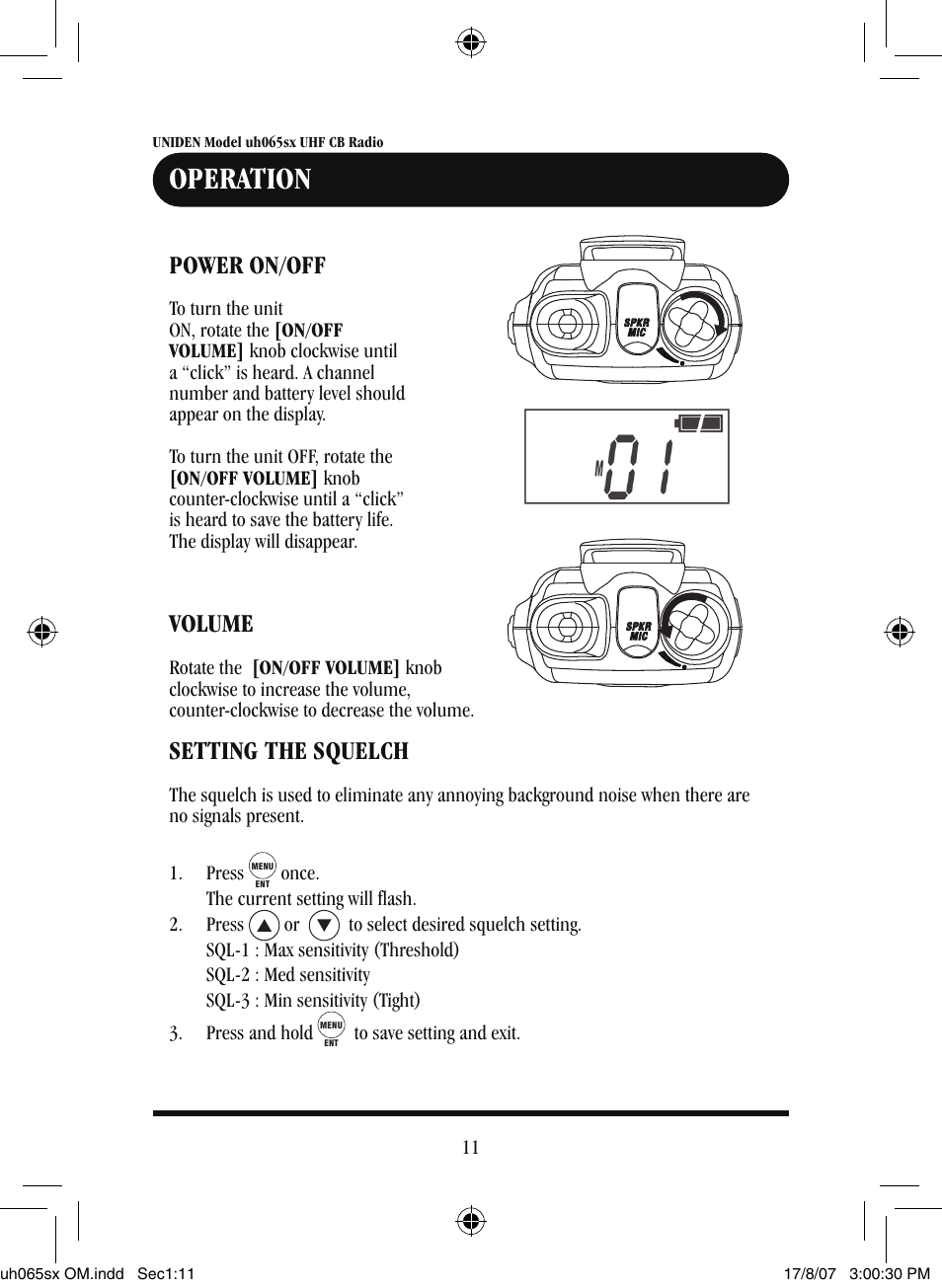 Operation, Power on/off, Volume | Setting the squelch | Uniden uh065sx User Manual | Page 12 / 28