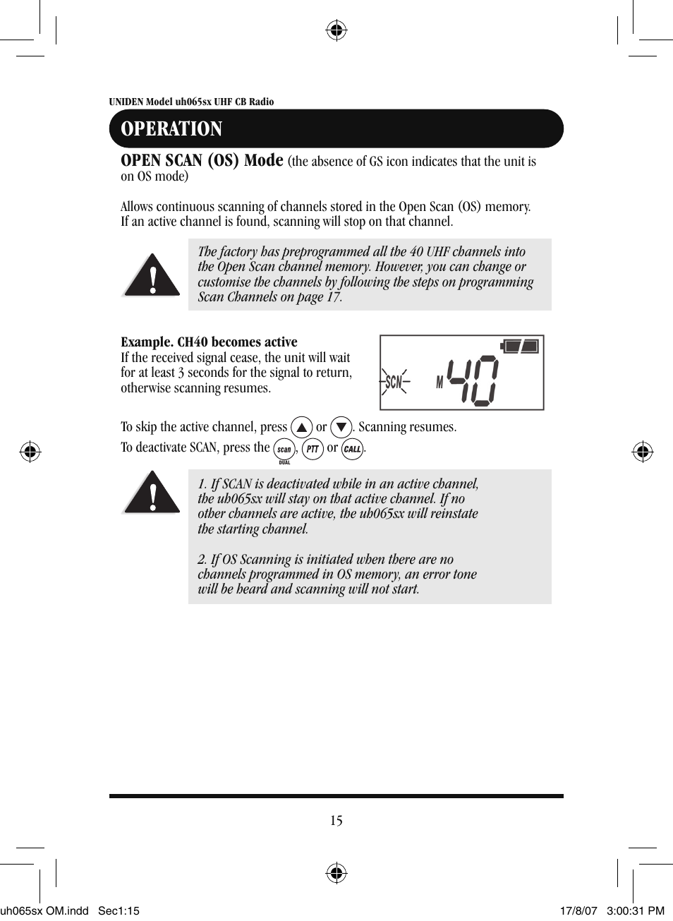 Operation, Open scan (os) mode | Uniden uh065sx User Manual | Page 16 / 28