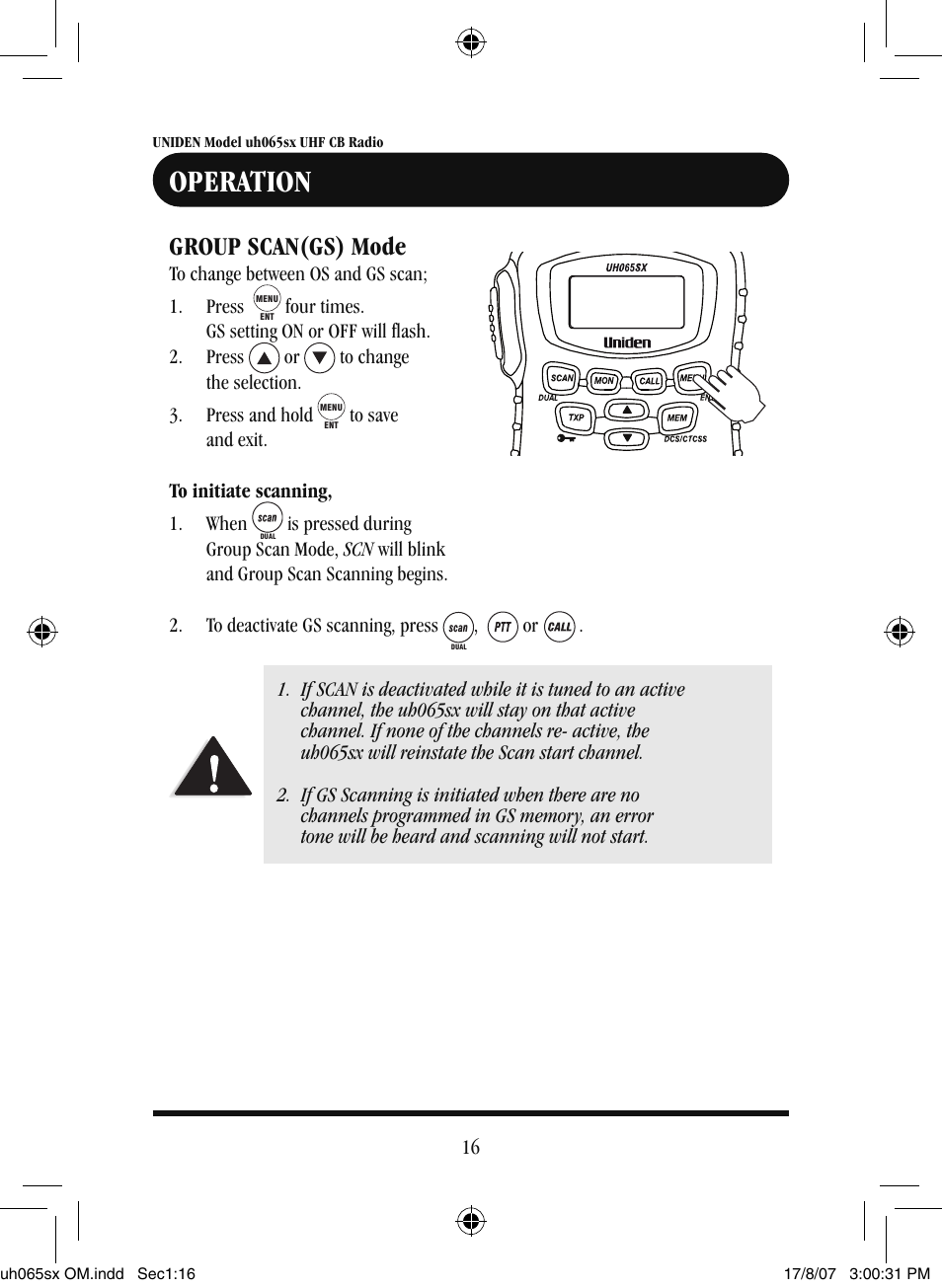 Operation, Group scan(gs) mode | Uniden uh065sx User Manual | Page 17 / 28