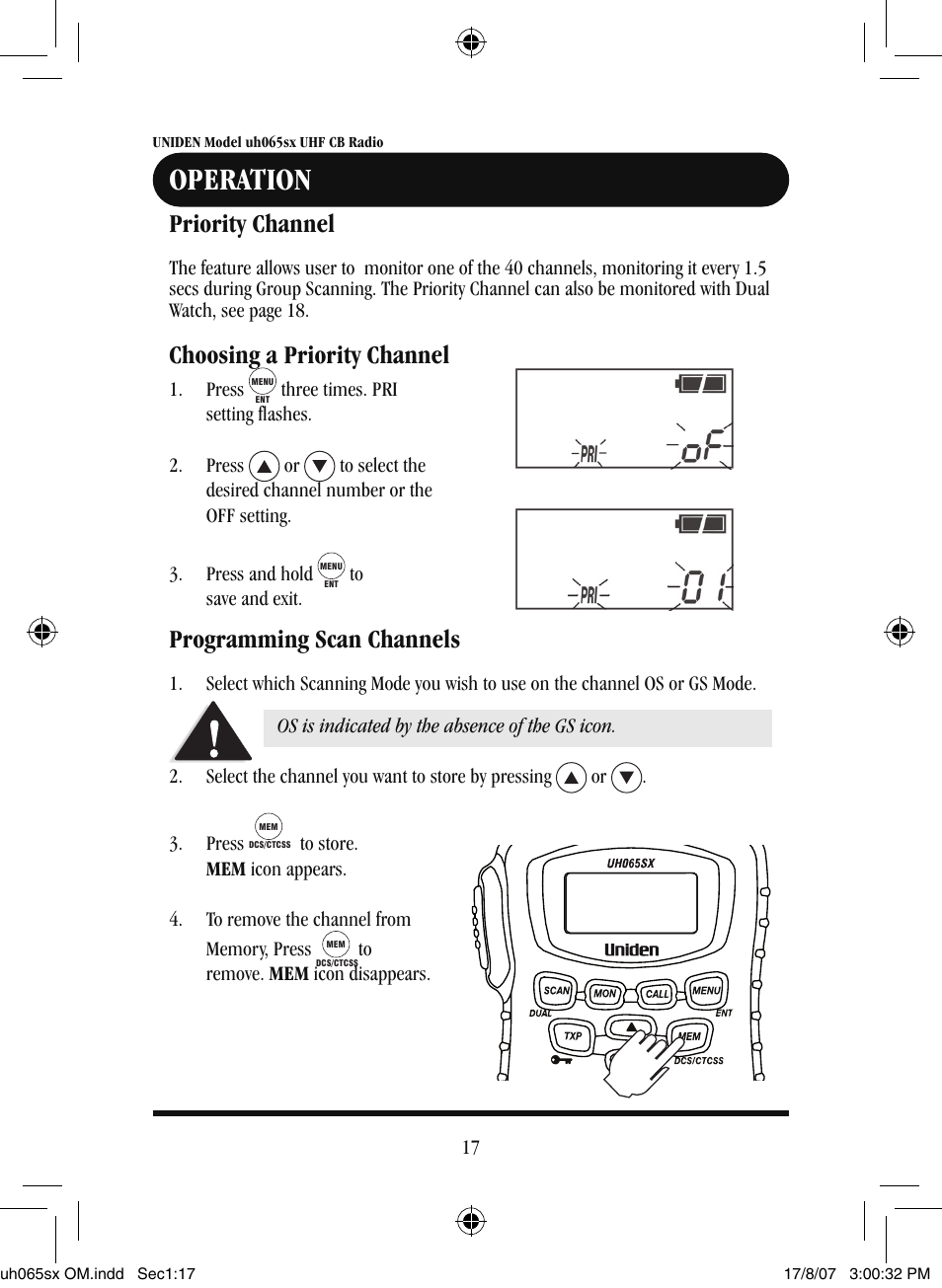 Operation, Priority channel, Choosing a priority channel | Programming scan channels | Uniden uh065sx User Manual | Page 18 / 28