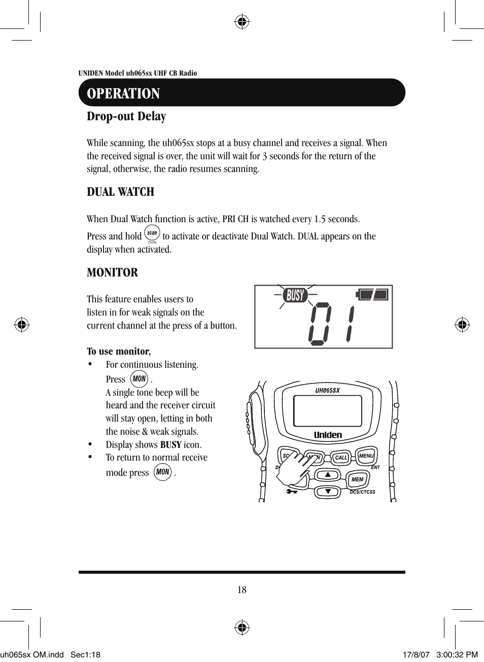Operation, Drop-out delay, Dual watch | Monitor | Uniden uh065sx User Manual | Page 19 / 28