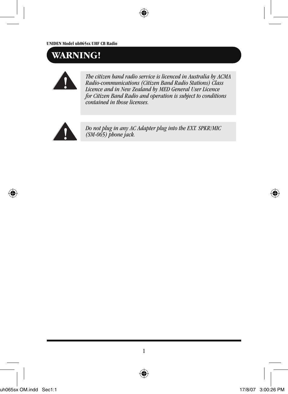 Warning | Uniden uh065sx User Manual | Page 2 / 28