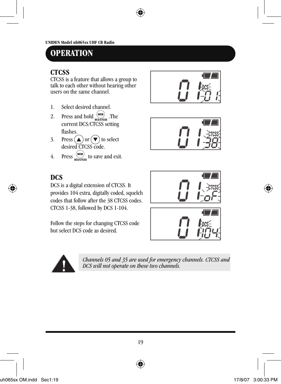 Operation, Ctcss | Uniden uh065sx User Manual | Page 20 / 28