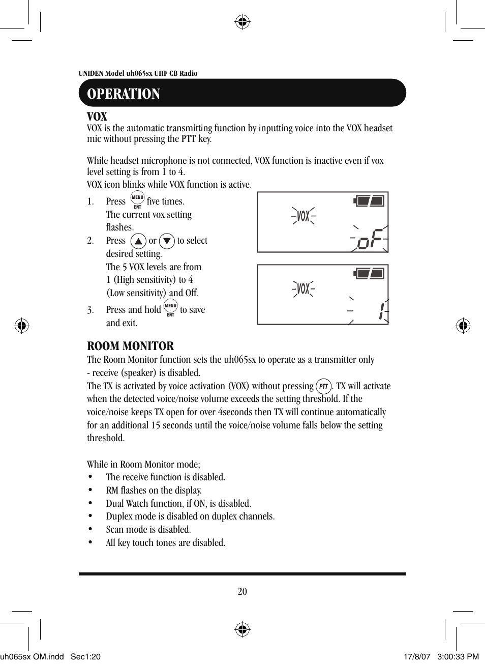 Operation, Room monitor | Uniden uh065sx User Manual | Page 21 / 28
