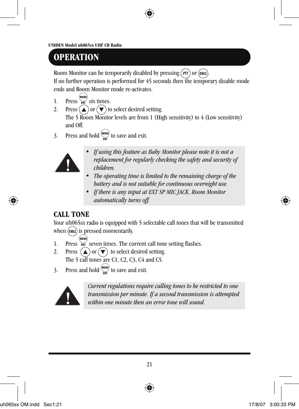 Operation, Call tone | Uniden uh065sx User Manual | Page 22 / 28