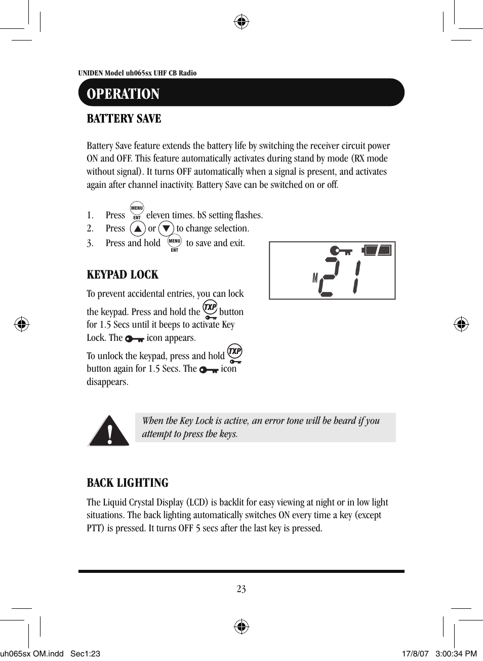 Operation, Battery save, Keypad lock | Back lighting | Uniden uh065sx User Manual | Page 24 / 28