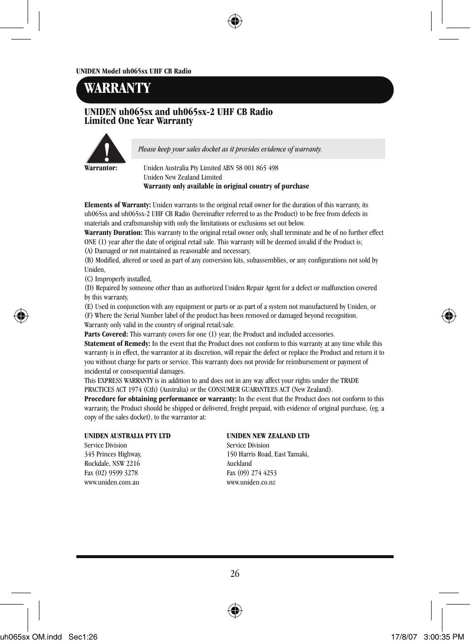 Warranty | Uniden uh065sx User Manual | Page 27 / 28