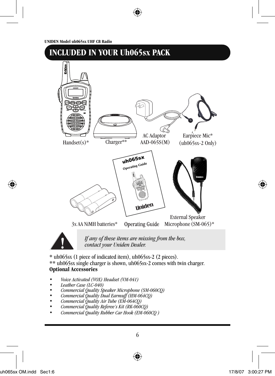Included in your uh065sx pack | Uniden uh065sx User Manual | Page 7 / 28