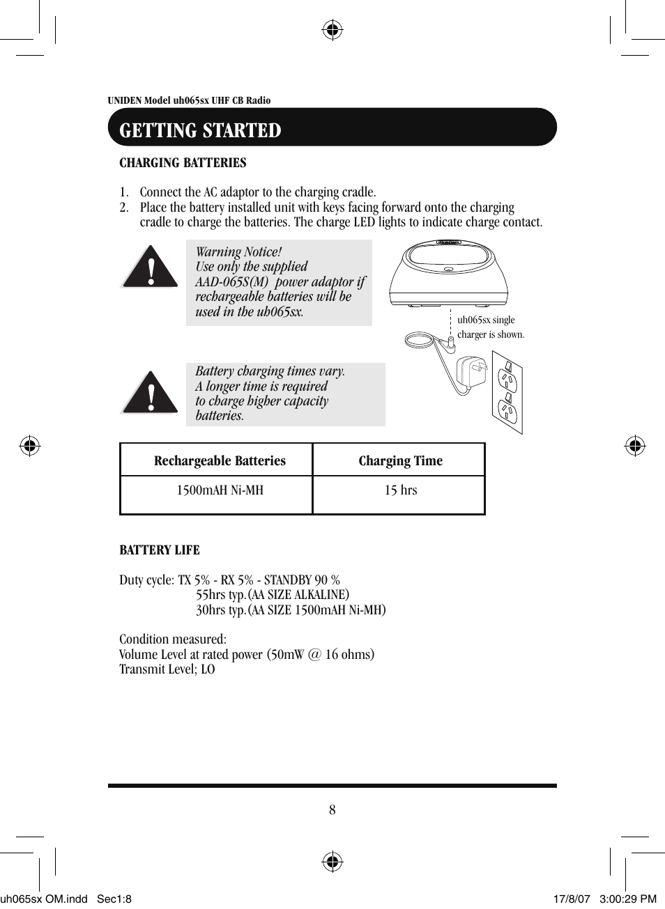 Getting started | Uniden uh065sx User Manual | Page 9 / 28