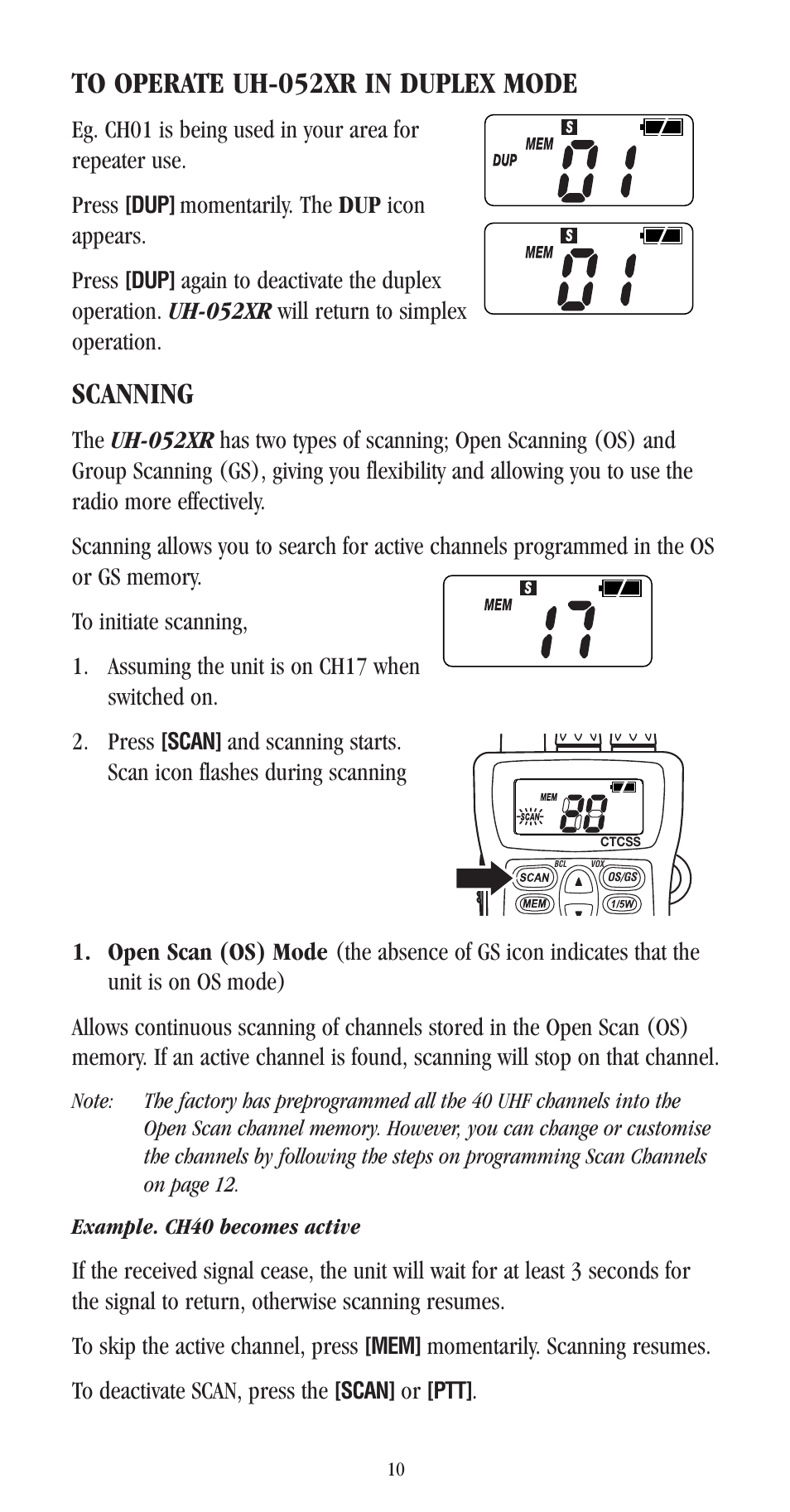 To operate uh-052xr in duplex mode, Scanning | Uniden UH-052XR User Manual | Page 13 / 28