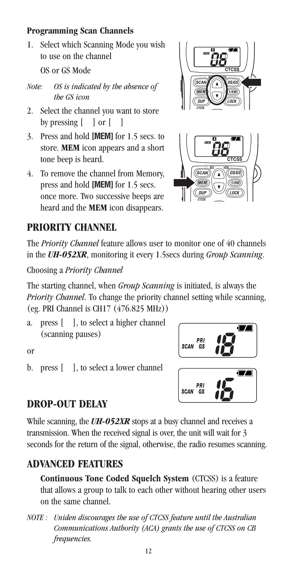 Priority channel, Drop-out delay, Advanced features | Uniden UH-052XR User Manual | Page 15 / 28