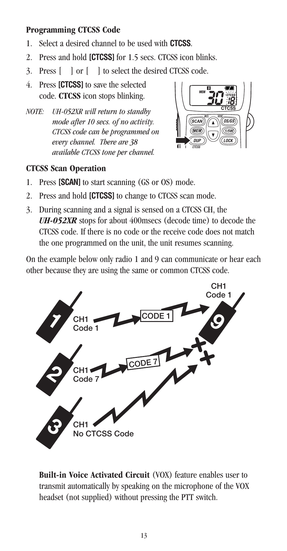 Programming ctcss code, Ctcss scan operation | Uniden UH-052XR User Manual | Page 16 / 28