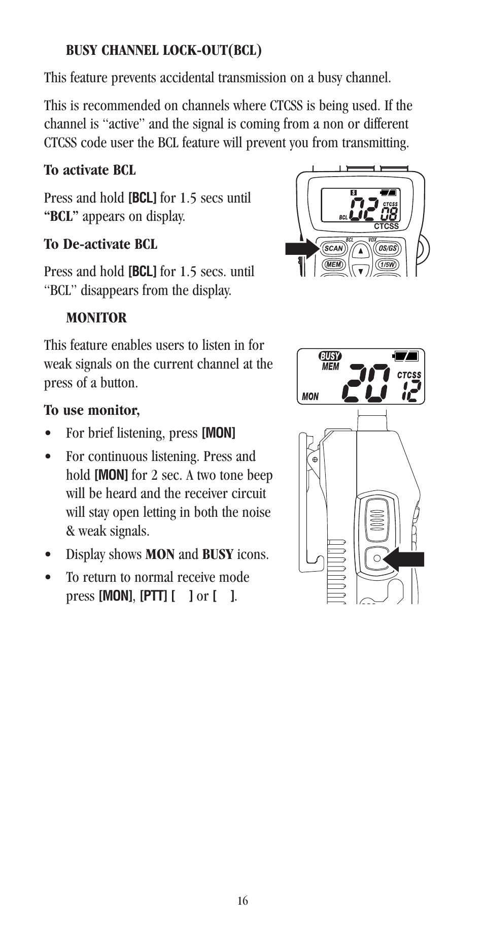 Busy channel lock-out(bcl), Monitor | Uniden UH-052XR User Manual | Page 19 / 28