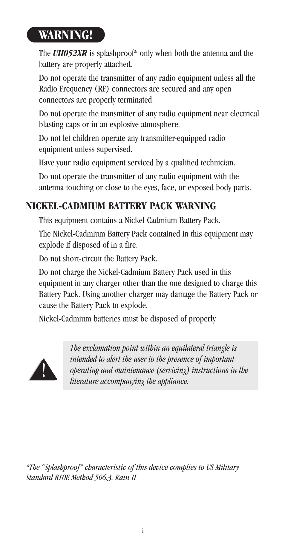 Warning, Nickel-cadmium battery pack warning | Uniden UH-052XR User Manual | Page 2 / 28