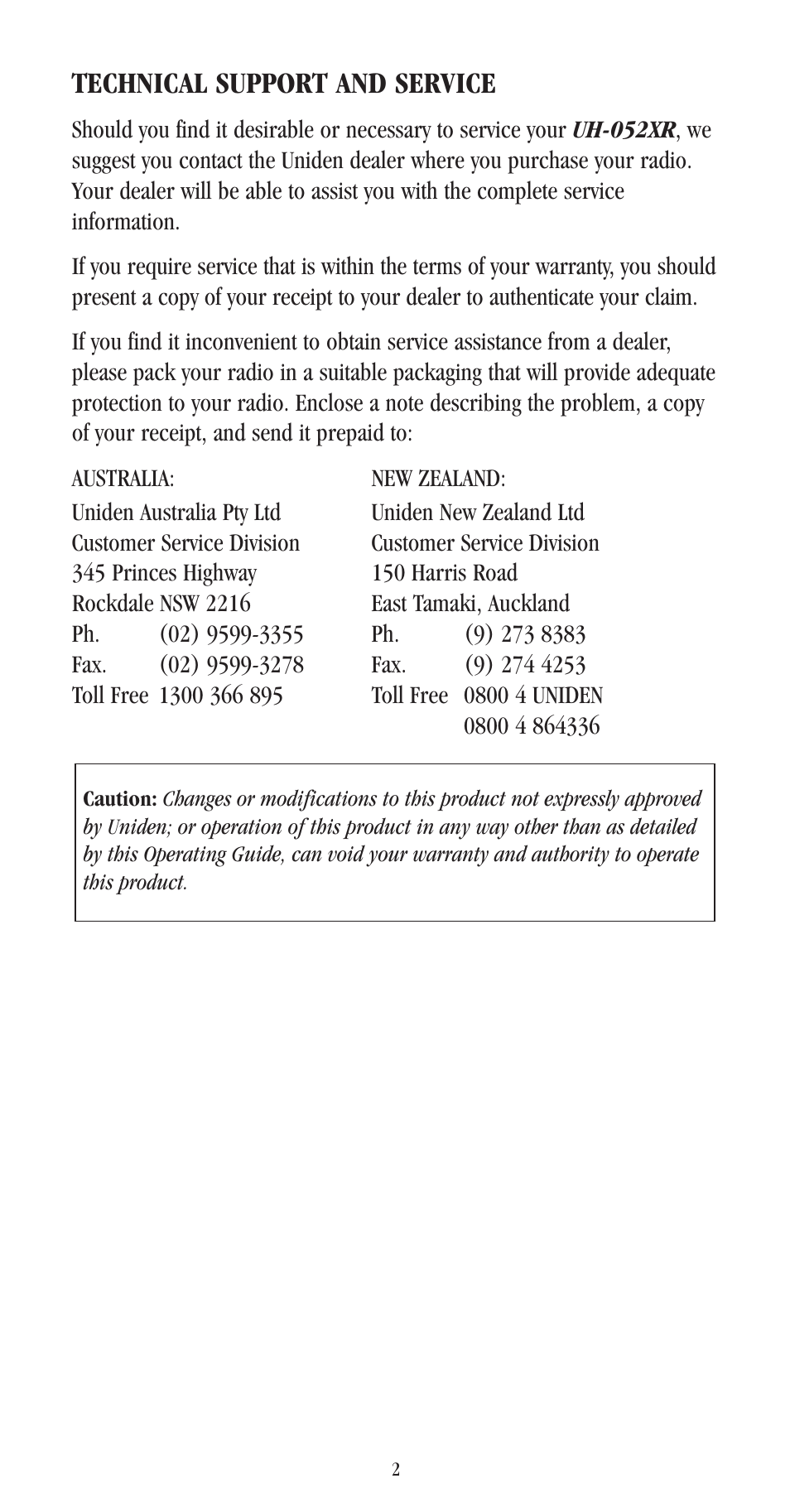 Technical support and service | Uniden UH-052XR User Manual | Page 5 / 28