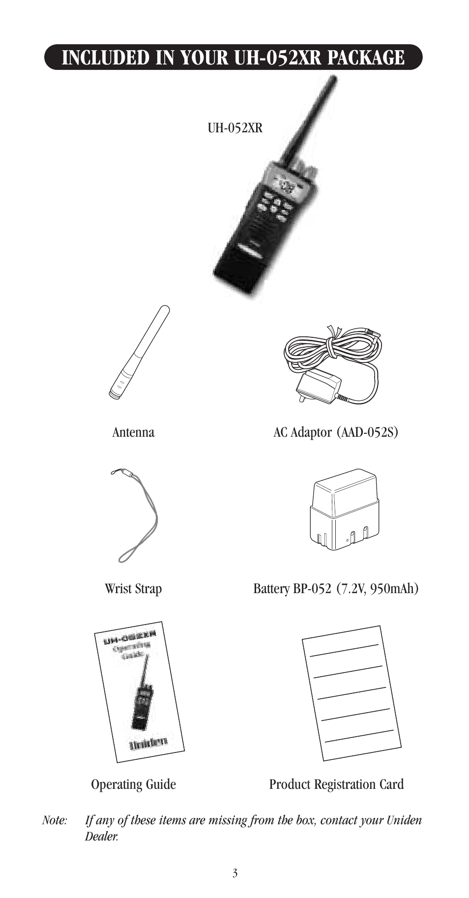 Included in your uh-052xr package | Uniden UH-052XR User Manual | Page 6 / 28