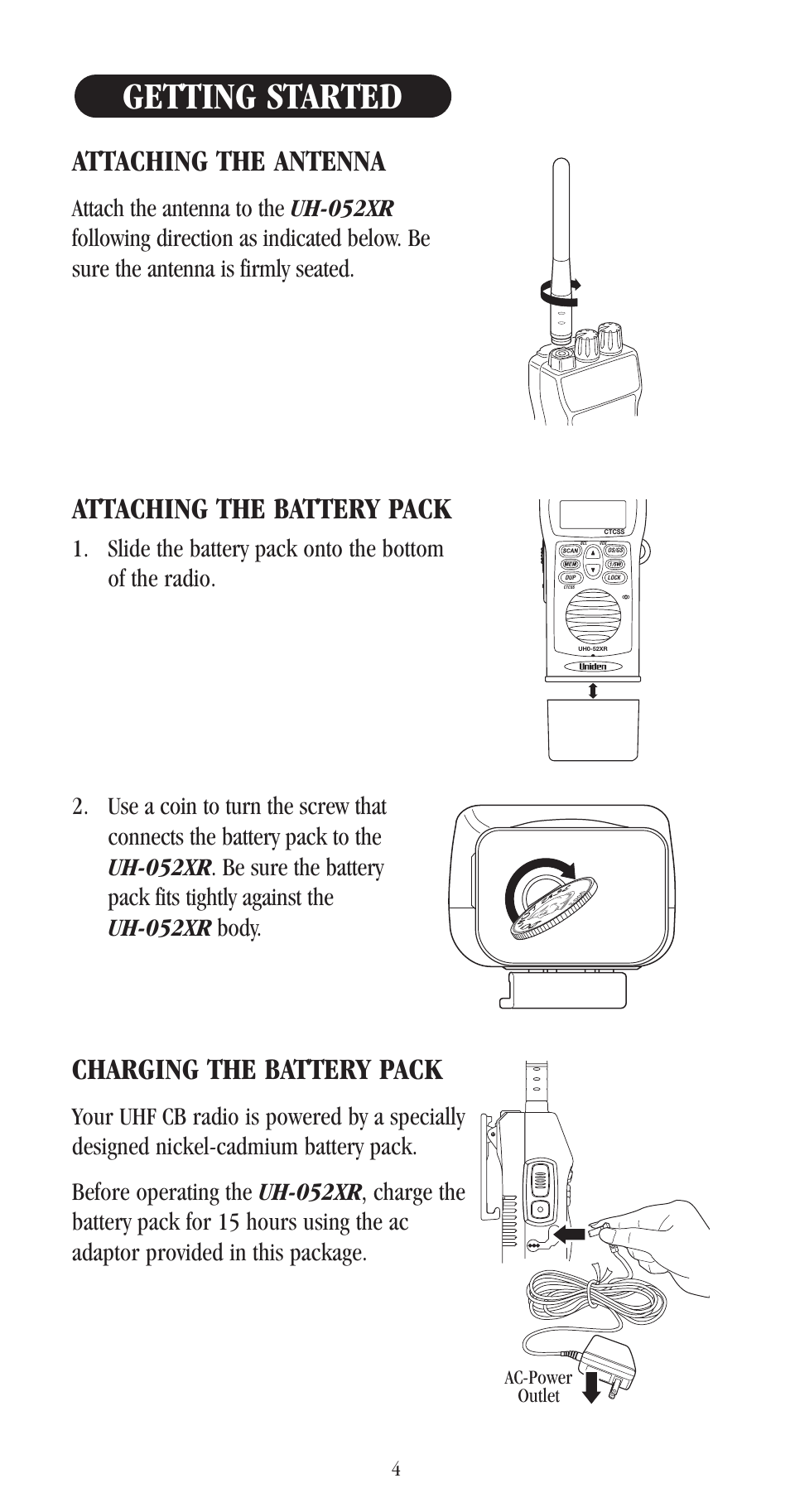 Getting started, Attaching the antenna, Attaching the battery pack | Charging the battery pack | Uniden UH-052XR User Manual | Page 7 / 28