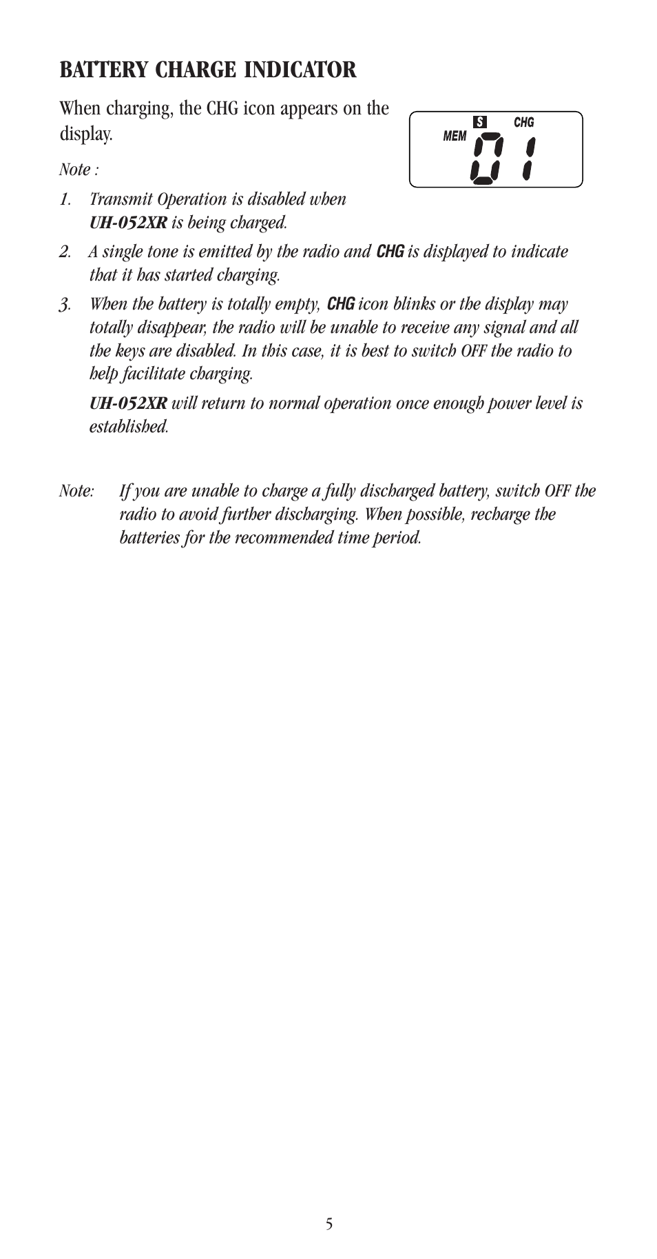 Battery charge indicator | Uniden UH-052XR User Manual | Page 8 / 28