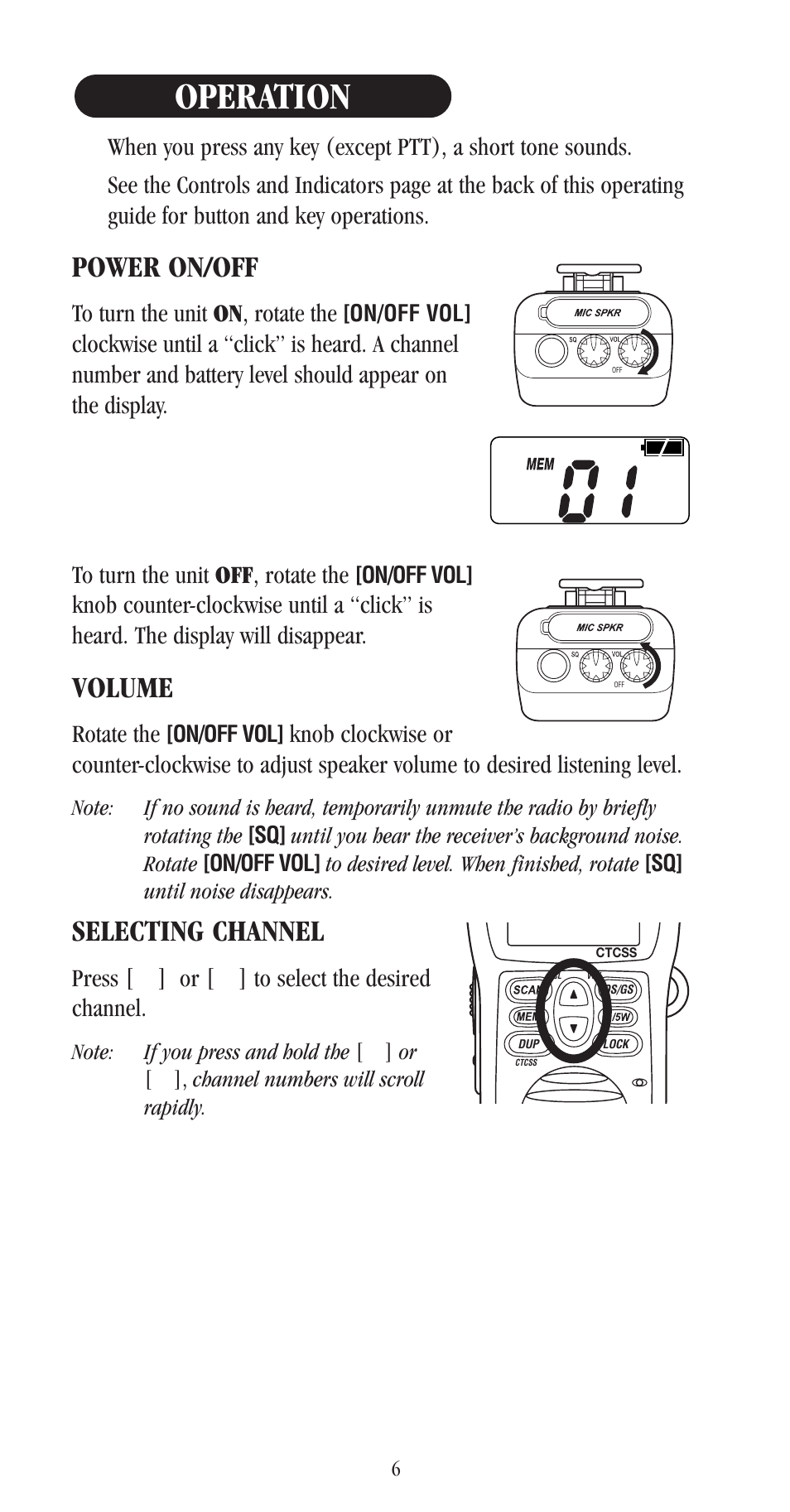 Operation, Power on/off, Volume | Selecting channel, Rotate the, Press [▲] or [▼] to select the desired channel | Uniden UH-052XR User Manual | Page 9 / 28