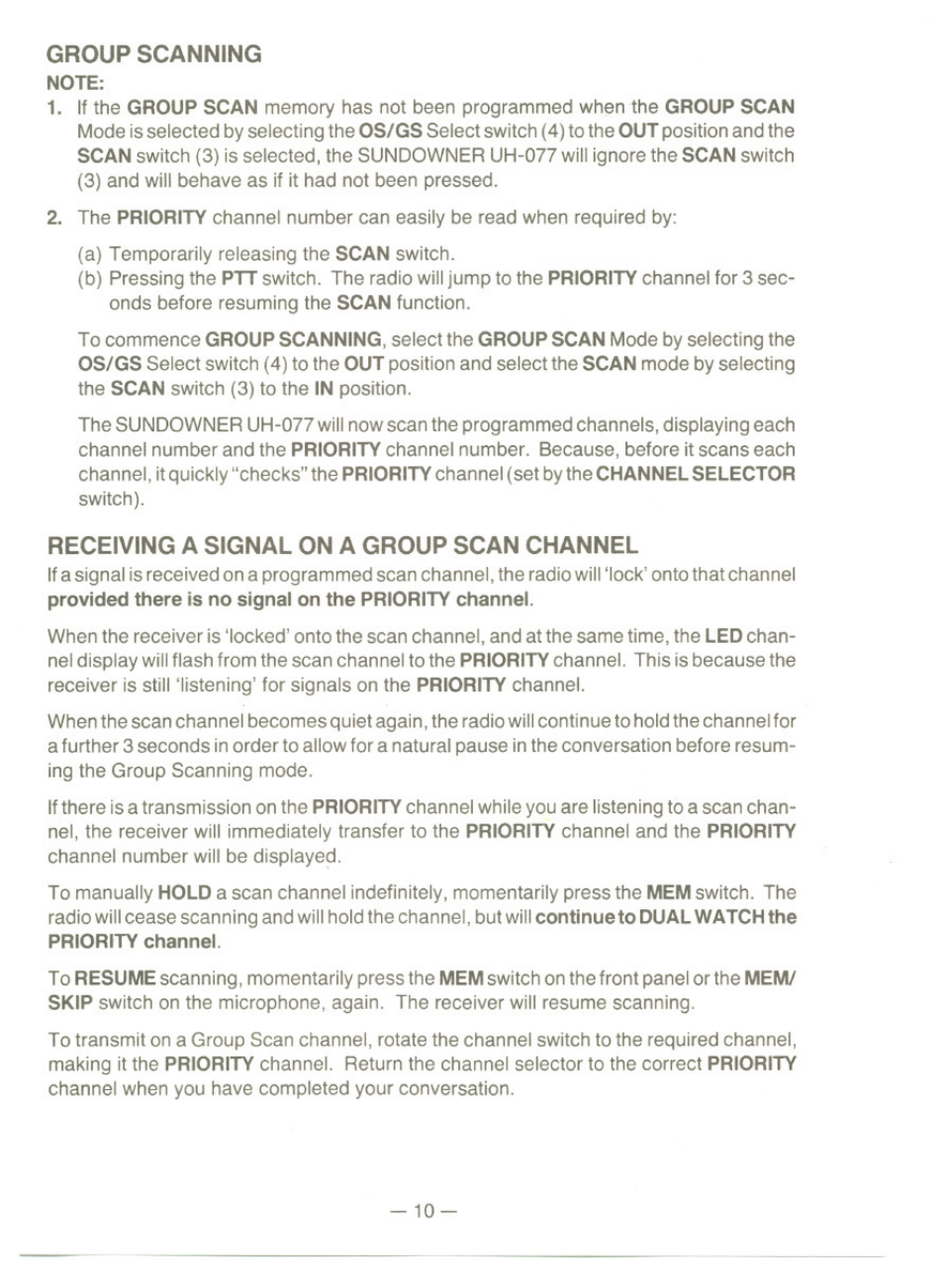 Group scanning, Receiving a signal on a group scan channel | Uniden UH077 User Manual | Page 10 / 15