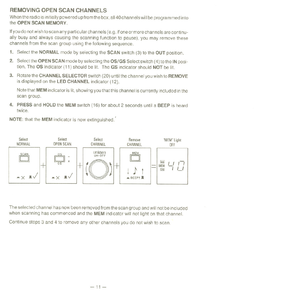 Removing open scan channels, Salect, U i i | Uniden UH077 User Manual | Page 11 / 15