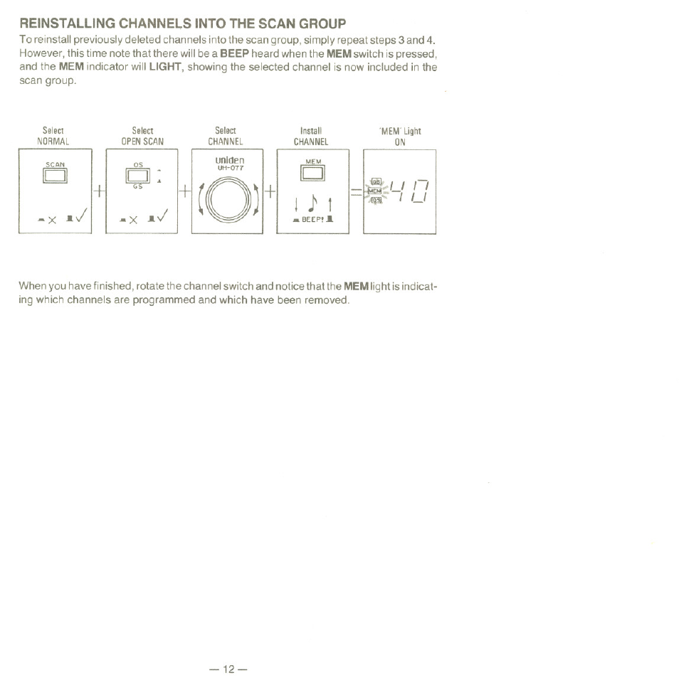 Reinstalling channels into the scan group | Uniden UH077 User Manual | Page 12 / 15