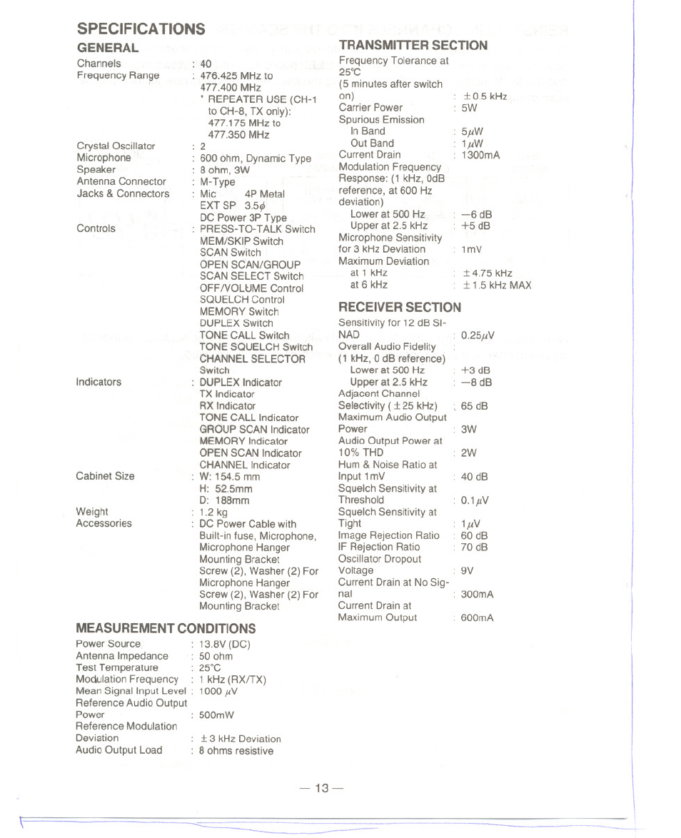 Specifications, 5fiw | Uniden UH077 User Manual | Page 13 / 15