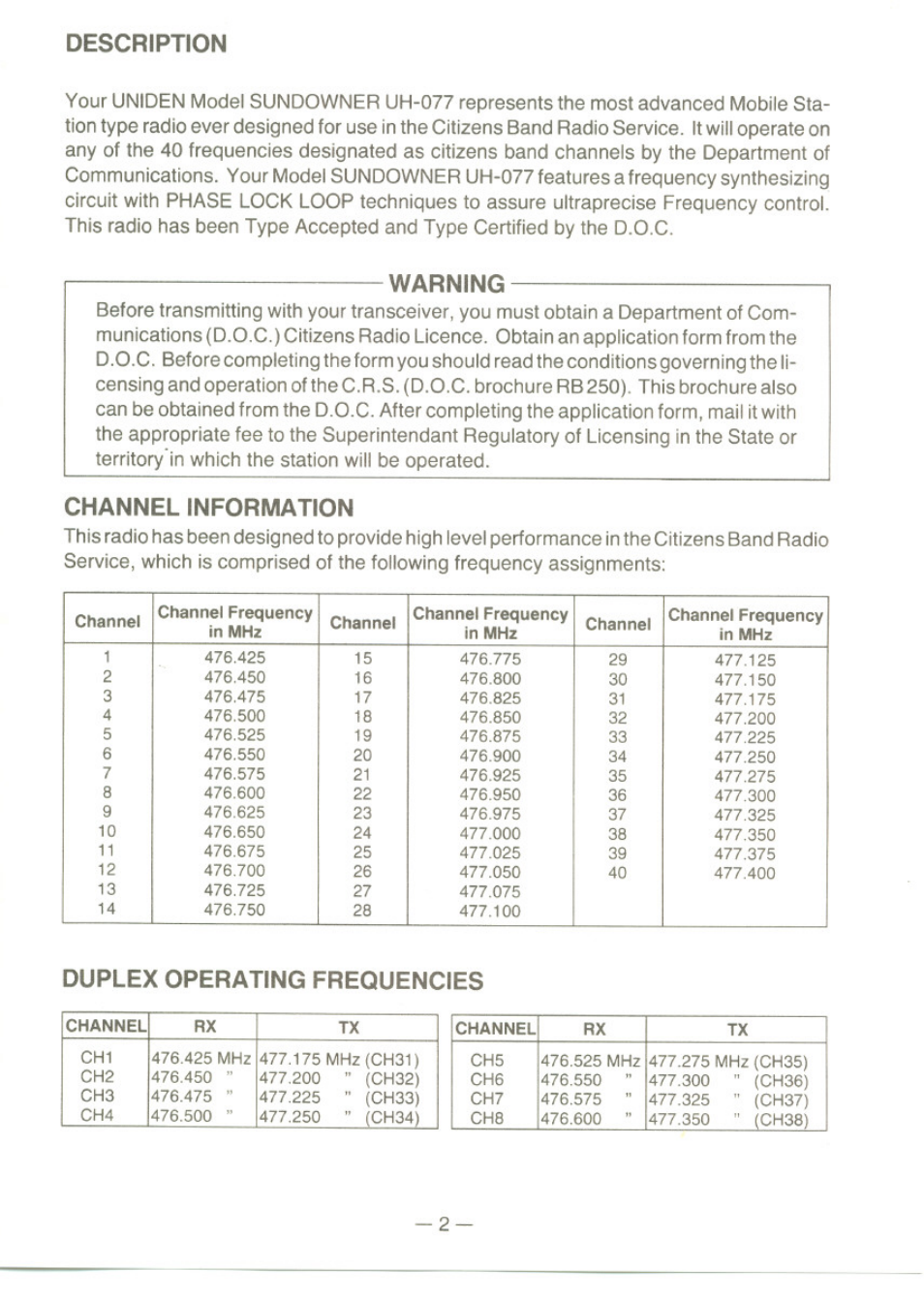 Description, Warning, Channel information | Duplex operating frequencies | Uniden UH077 User Manual | Page 2 / 15