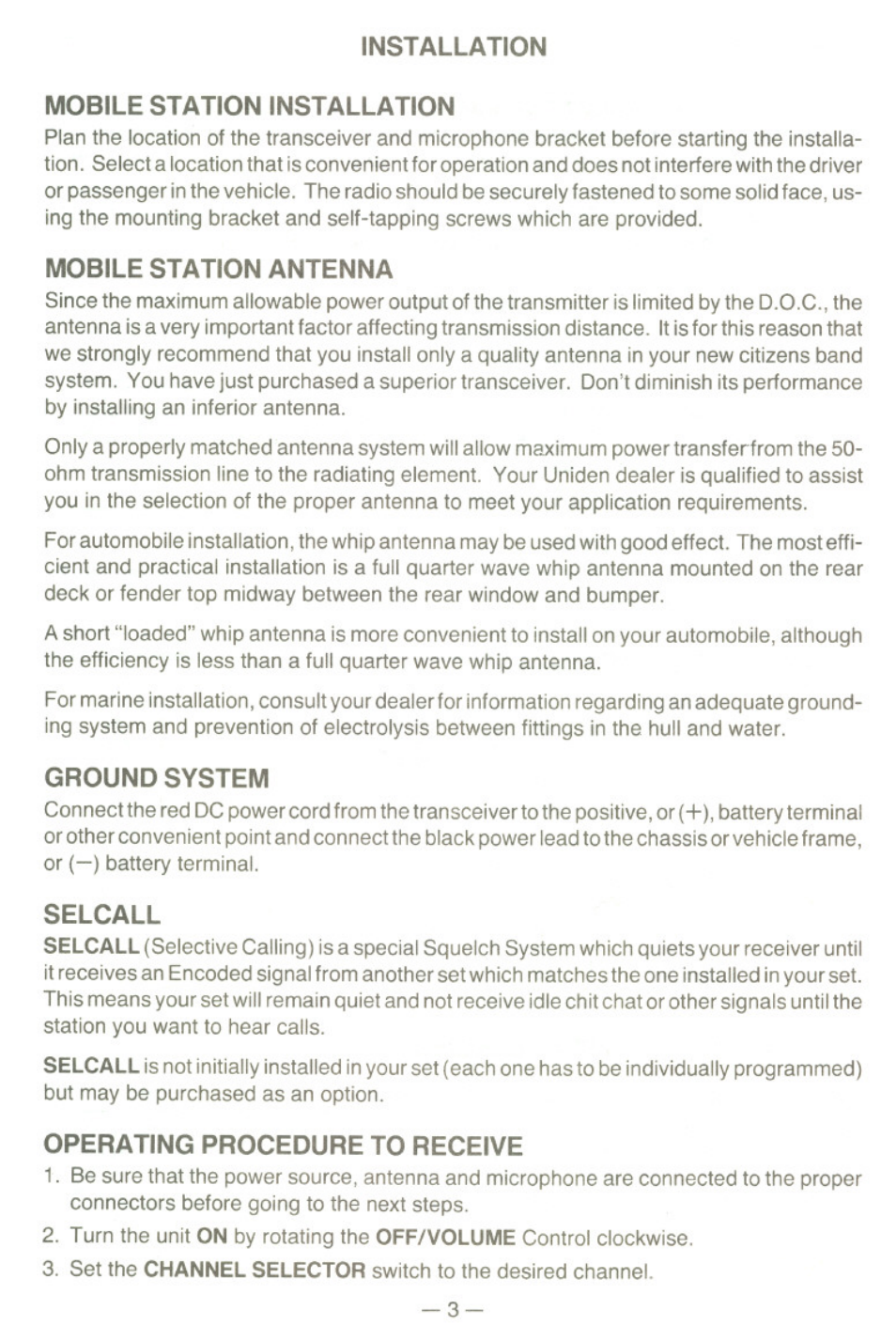 Installation, Mobile station installation, Mobile station antenna | Ground system, Selcall, Operating procedure to receive, Installation mobile station installation | Uniden UH077 User Manual | Page 3 / 15