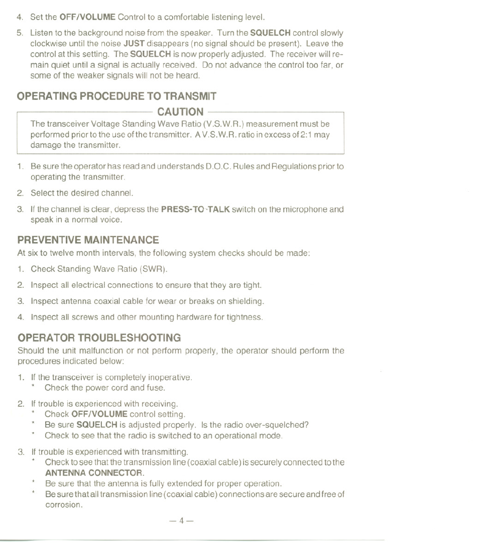 Operating procedure to transmit caution, Preventive maintenance, Operator troubleshooting | Uniden UH077 User Manual | Page 4 / 15