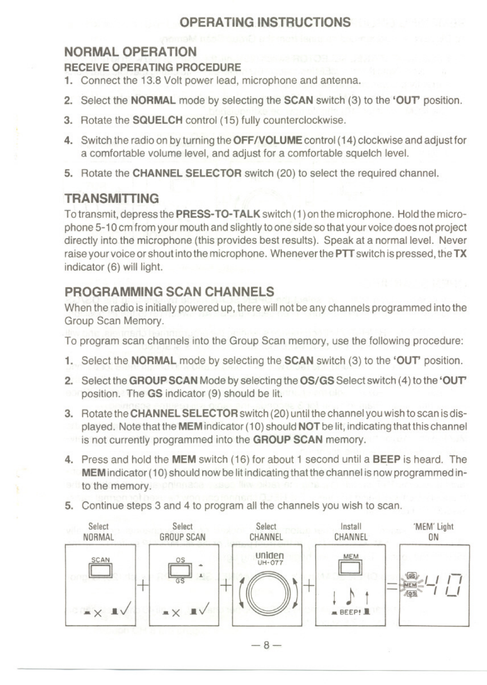 Operating instructions, Normal operation, Transmitting | Programming scan channels, Operating instructions normal operation | Uniden UH077 User Manual | Page 8 / 15