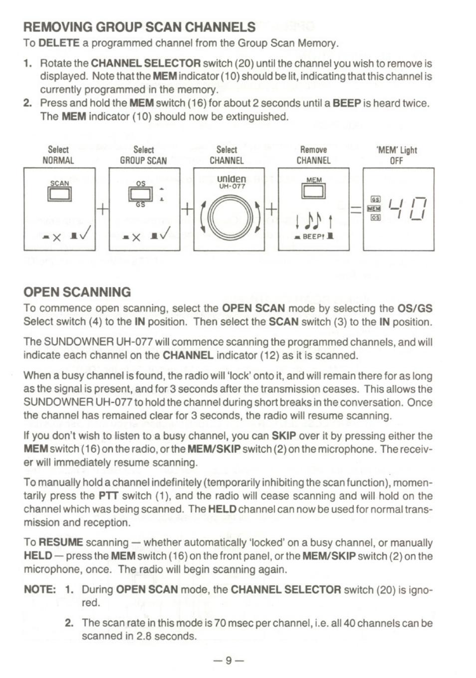 Open scanning, Removing group scan channels | Uniden UH077 User Manual | Page 9 / 15