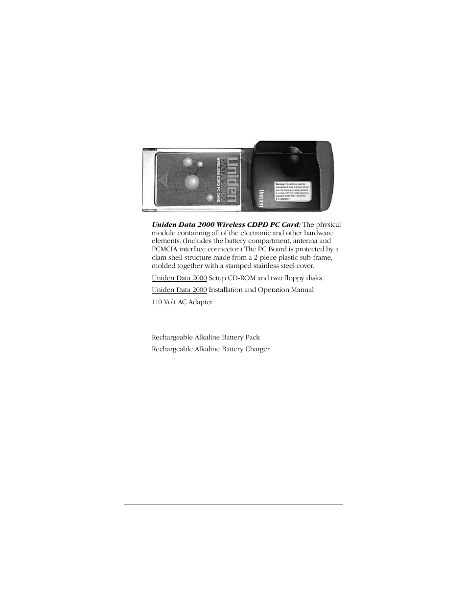 5 package contents, 6 optional accessories | Uniden Data 2000 Wireless CDPD PC Card User Manual | Page 6 / 99