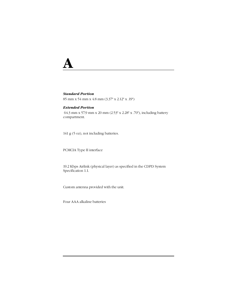 Appendix: specifications | Uniden Data 2000 Wireless CDPD PC Card User Manual | Page 76 / 99