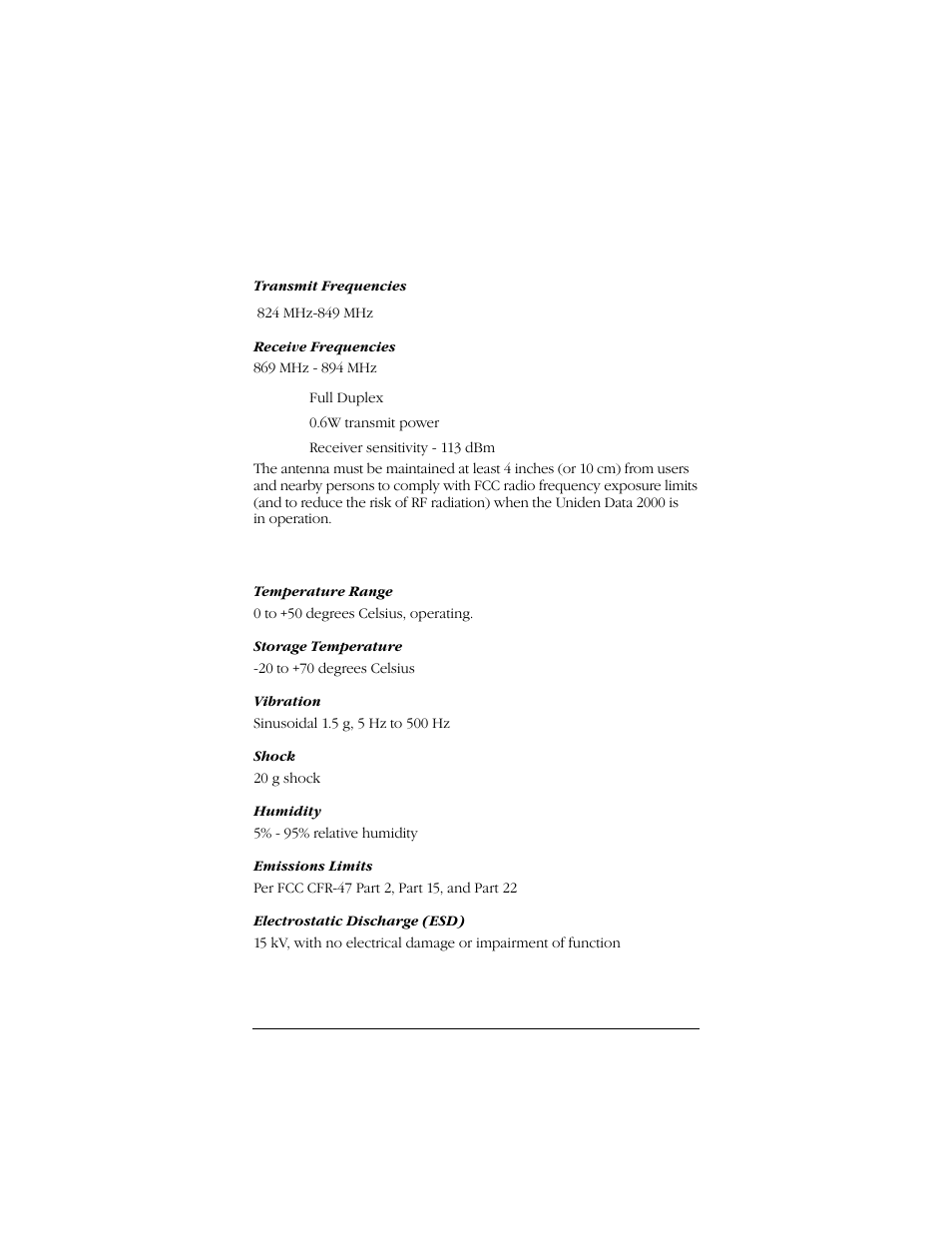 A-7 radio specifications, A.8 environmental specifications | Uniden Data 2000 Wireless CDPD PC Card User Manual | Page 77 / 99