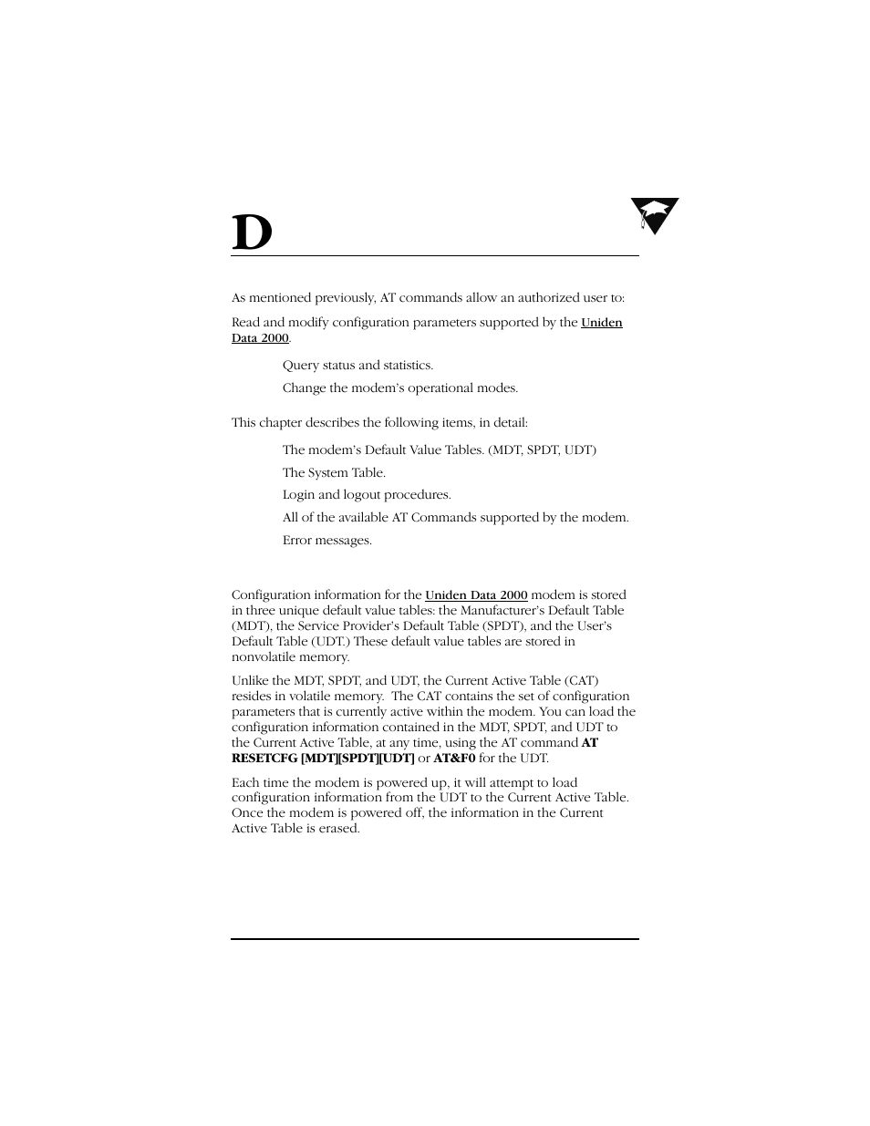 Appendix: at commands, D.1 default value tables | Uniden Data 2000 Wireless CDPD PC Card User Manual | Page 83 / 99