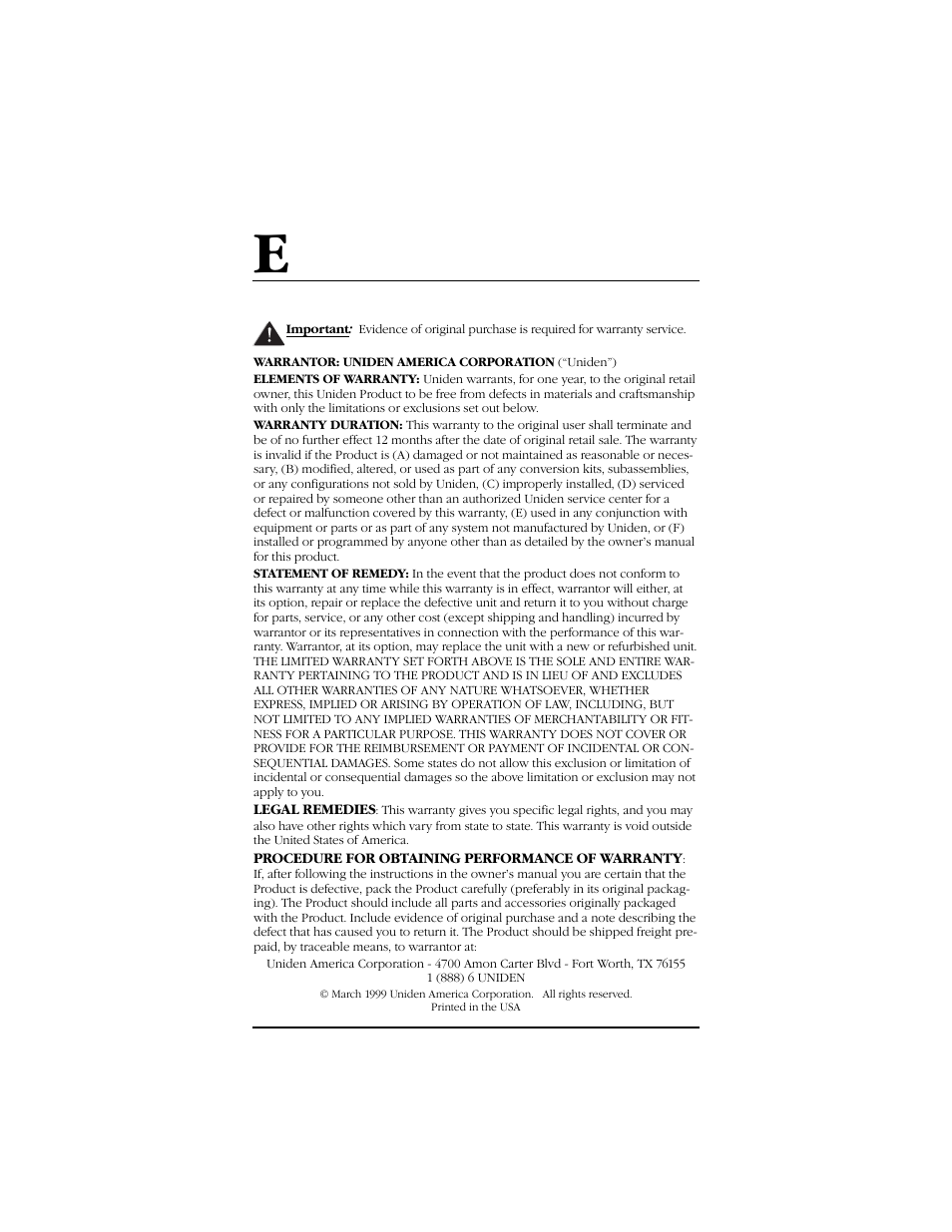Appendix: warranty, E.1 one year limited warranty | Uniden Data 2000 Wireless CDPD PC Card User Manual | Page 98 / 99