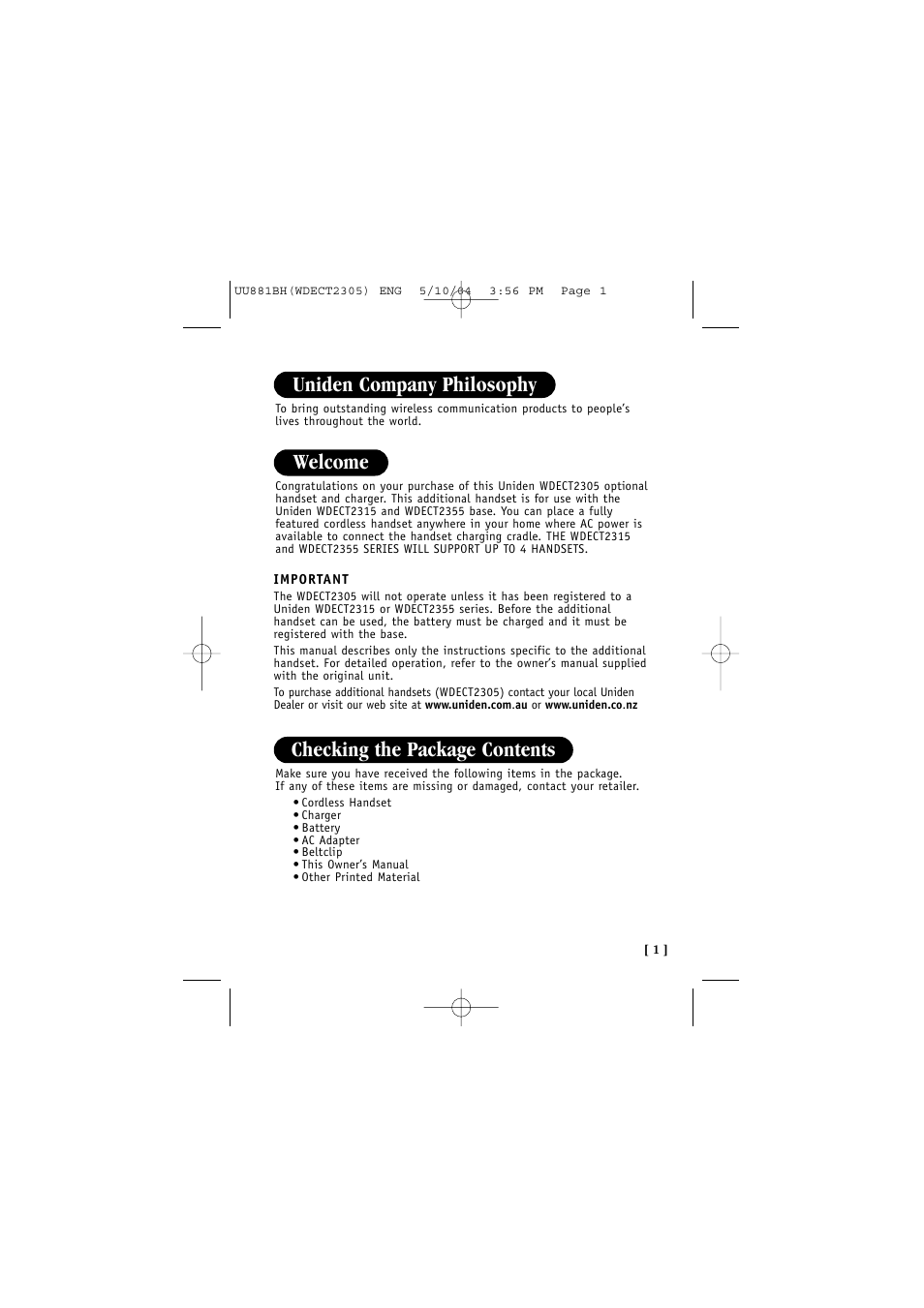 Welcome | Uniden 2305 User Manual | Page 2 / 8